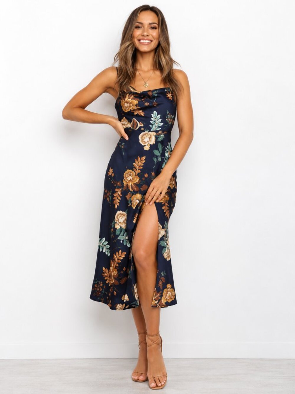 Hello Molly Women XS Navy Floral Satin Midi Dress Side Slit Resort Boho Chic